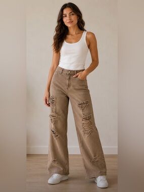 FOREVER 21 Distressed Tan Wide Leg Pants